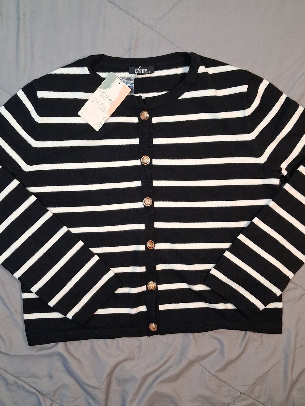 Striped Black & White Button-Front Women's Sweater - Classic Crewneck Cardigan